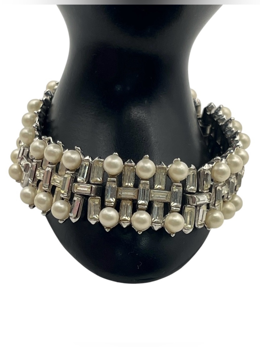 Crown Trifari clear baguette rhinestone faux pearl silver tone vintage bracelet